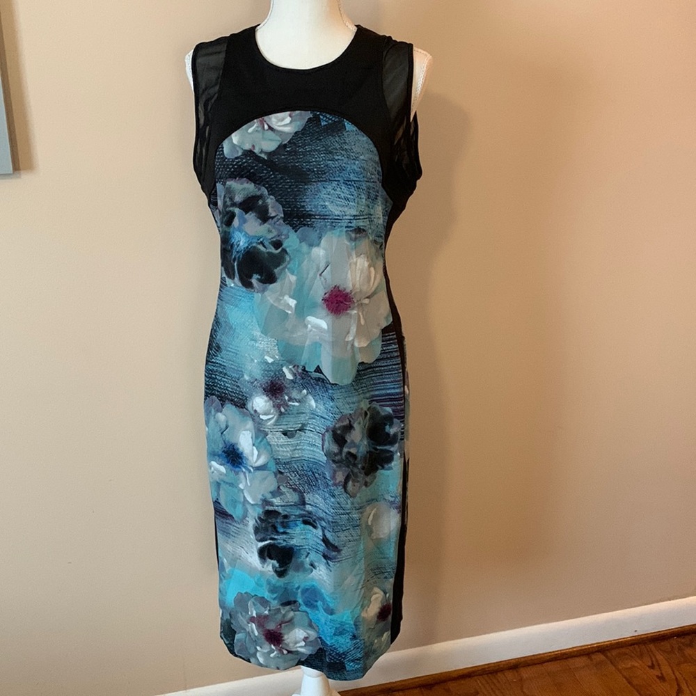 Gorgeous Blue and Black dress with sheer shoulder sleeves